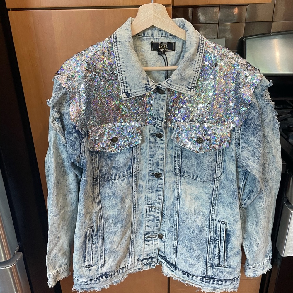 Distressed Silver Sequin Denim Jacket
